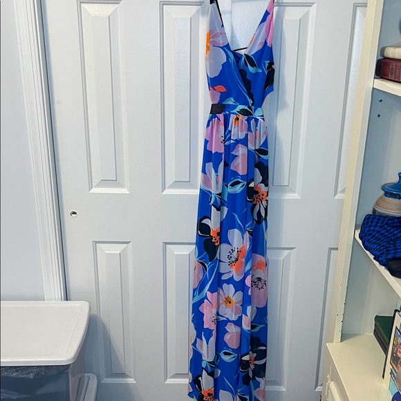 Express Blue Floral Tropical Maxi Dress Cutout Open Back Lace Up Size XS - Picture 1 of 7